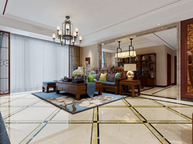 广源国际社区170平新中式客厅装修设计效果